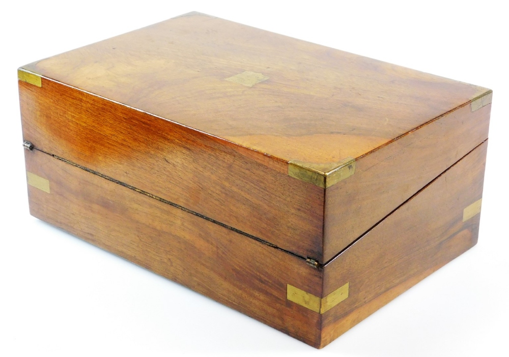 A mid 19thC mahogany campaign writing box, with brass mounts and a vacant shield shaped cartouche to - Image 3 of 4