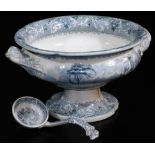 A late 19thC Rhine transfer printed soup tureen, with moulded handles on a shaped foot, 30cm wide,