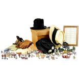 Various vintage hats, comprising velvet type, 16cm high, gloves, etc., and a quantity of lead farm