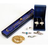 Various jewellery and effects, a heavy link wrist bracelet, 18cm long, brooches, ear studs,