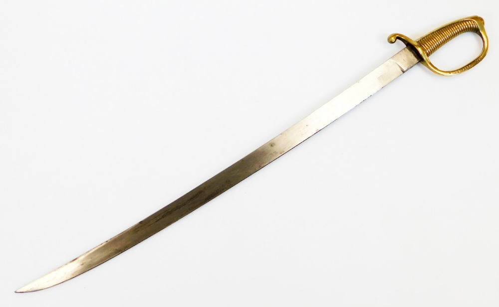 A sword, with black leather scabbard with brass mounts marked XVII, with plain blade, shaped - Image 3 of 5