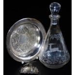 A plated dish, of circular form, 14cm diameter, a moulded glass decanter with etch style deer and