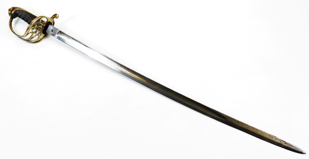 A cavalry sword, with plain silver coloured scabbard, shaped blade, pierced basket weave hilt - Image 4 of 5