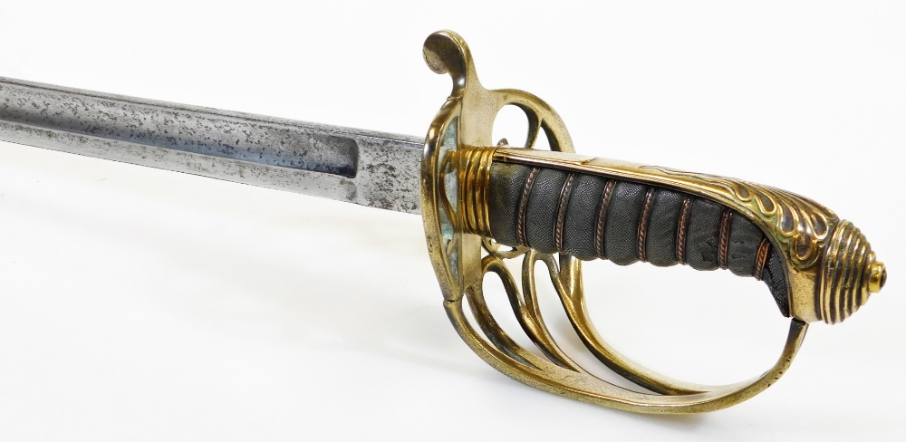 A cavalry sword, with plain silver coloured scabbard, shaped blade, pierced basket weave hilt - Image 3 of 5