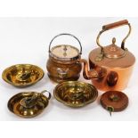 Various metal ware, an early 20thC copper kettle of shaped form, two brass chamber sticks, a leather