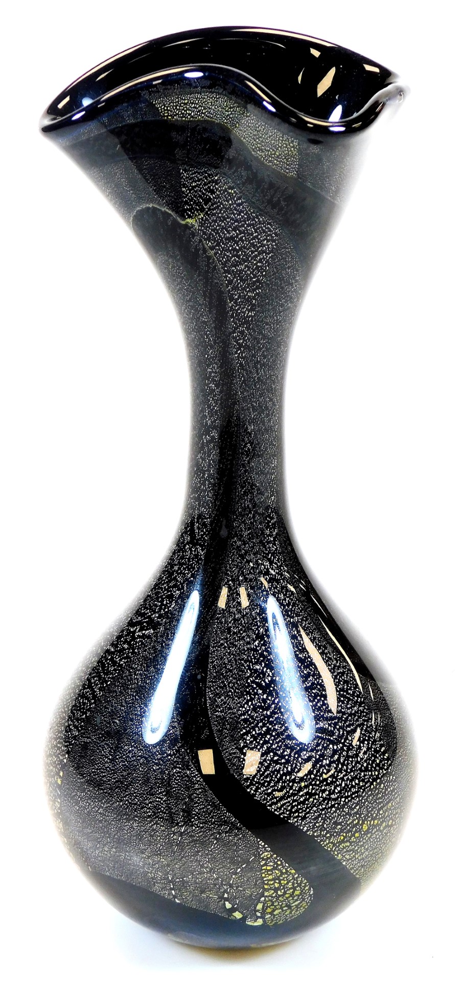 A 20thC studio Our Glass vase, with a flared rim, plain stem and bulbous body, in black yellow