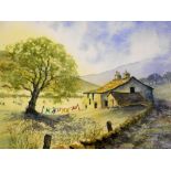 Barbara Fraser (20thC). Cottage before trees and sheep on a summers day, watercolour, signed, 23cm x