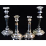 A pair of old Sheffield plate telescopic candlesticks, of cylindrical form on stepped circular