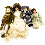 Various 20thC dolls, semi porcelain example marked GP89 to the back of the head in flowing dress,
