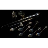 Various teaspoons, with sun mount 9cm high, etc., Continental white metal, button hooks, etc. (a