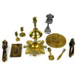 Various Lincoln Imp related brass and other metal items, to include ashtray, 12cm wide, hand bell,