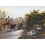 19thC School. Figures launching a boat on stream before further figure, mill house and trees with