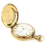 A Hampden gold plated Hunter fob watch, the engraved case with a hinged full cover to the 4cm dial