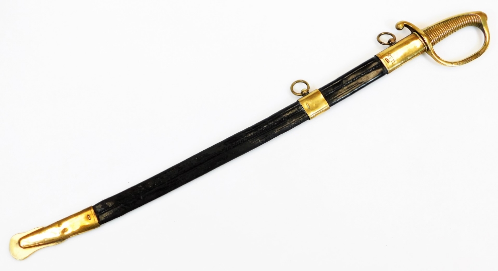 A sword, with black leather scabbard with brass mounts marked XVII, with plain blade, shaped - Image 5 of 5