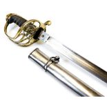 A cavalry sword, with plain silver coloured scabbard, shaped blade, pierced basket weave hilt