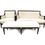 An early 20thC three piece Neoclassical design lounge suite, comprising deep seated armchair, two