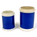 Two 19thC pottery tobacco jars, of cylindrical form in blue and white colour way, unmarked, 14cm