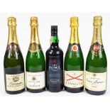 Various alcohol, a bottle of LBV 1989 port and four various bottles of champagne, Castellane Brut,