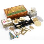 A decorative box set with figures before cottage, costume jewellery, miniature jewellery box,