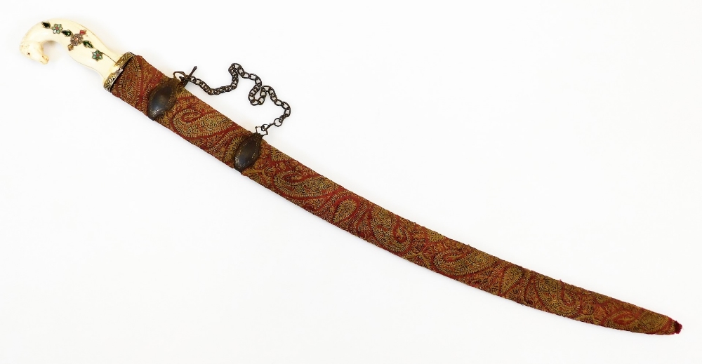 A 19thC Indian Shamshir sword, the slightly curved blade decorated with a hunting scene in gold - Image 6 of 6