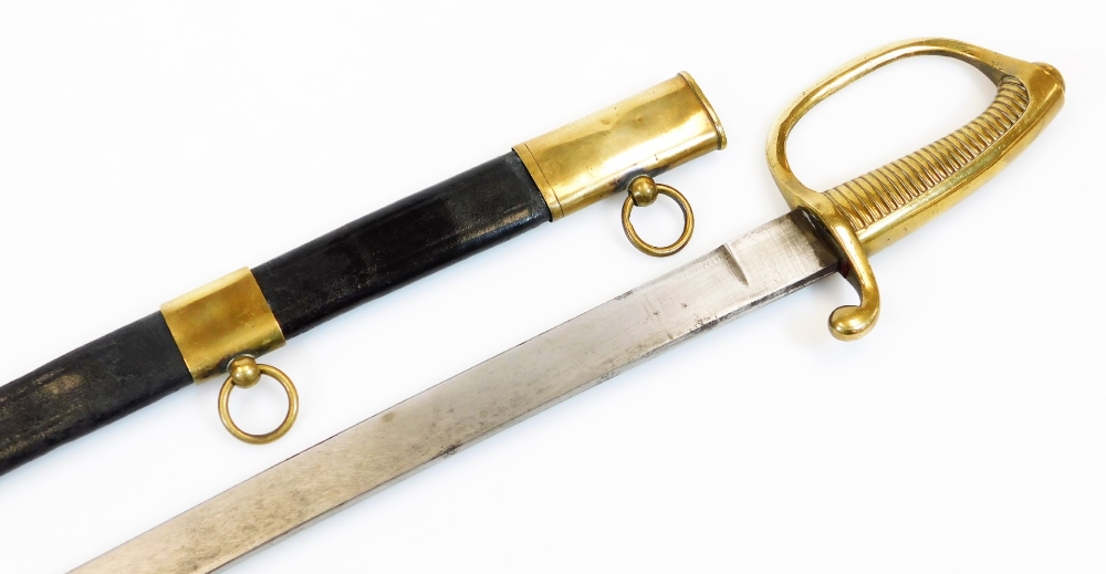 A sword, with black leather scabbard with brass mounts marked XVII, with plain blade, shaped