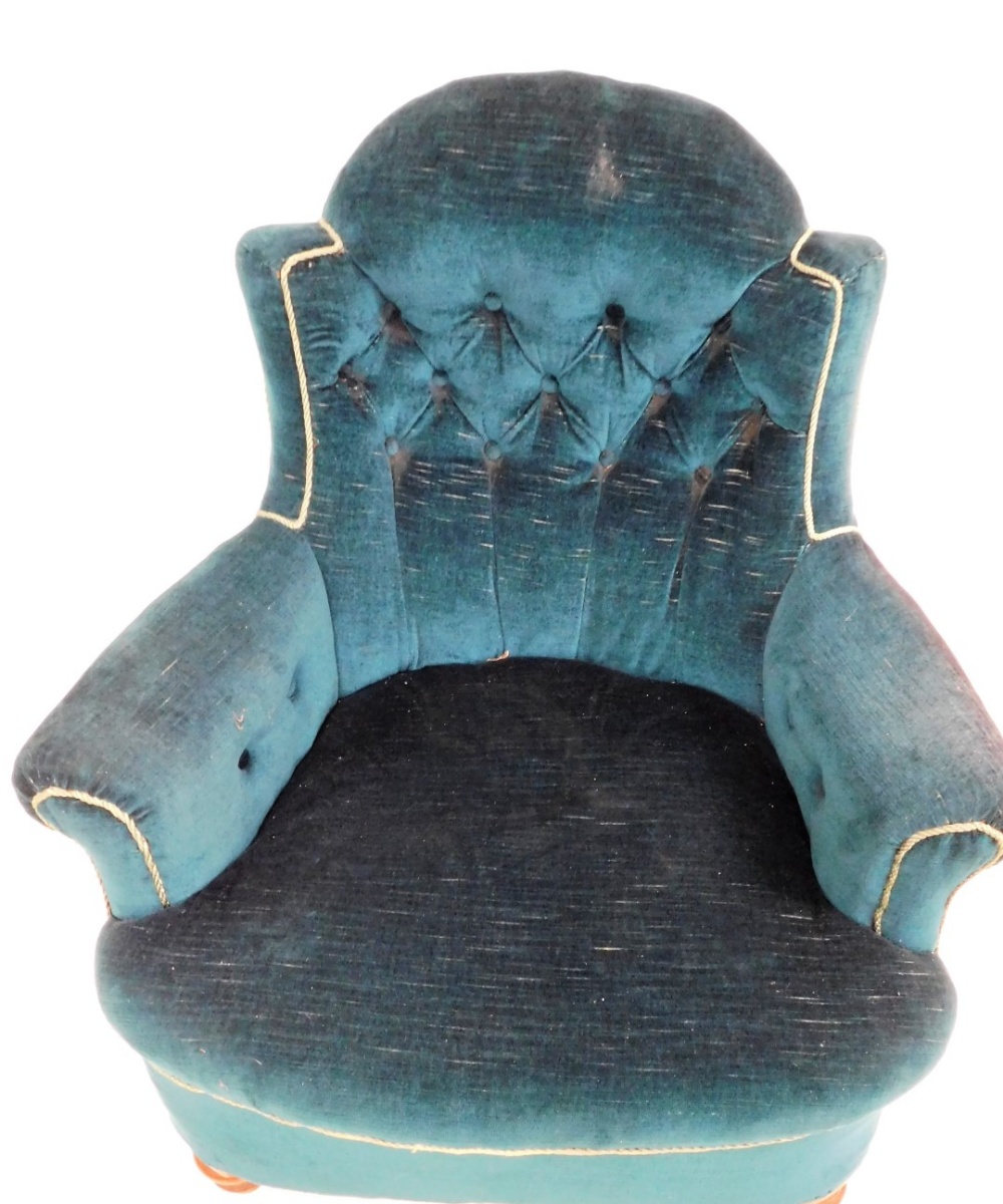 A Victorian low armchair, with buttoned velvet upholstery and turned fore legs. - Image 2 of 2