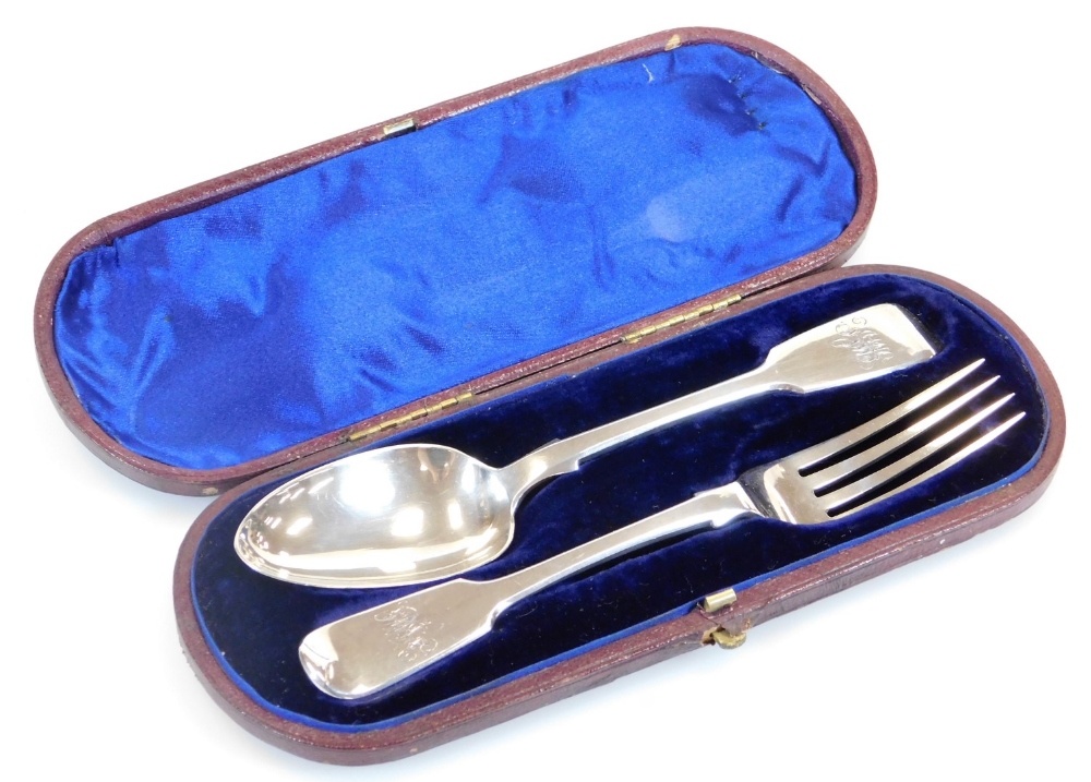 A Victorian silver christening set, comprising fork and spoon, fiddle pattern, initialled London