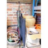 A strawberry basket, hand tools, lidded linen basket, fire screen, etc. (a quantity)