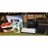 A boxed Heat Demon portable gas heater, Flora Best water pump, DVD video, etc., pair of speakers,