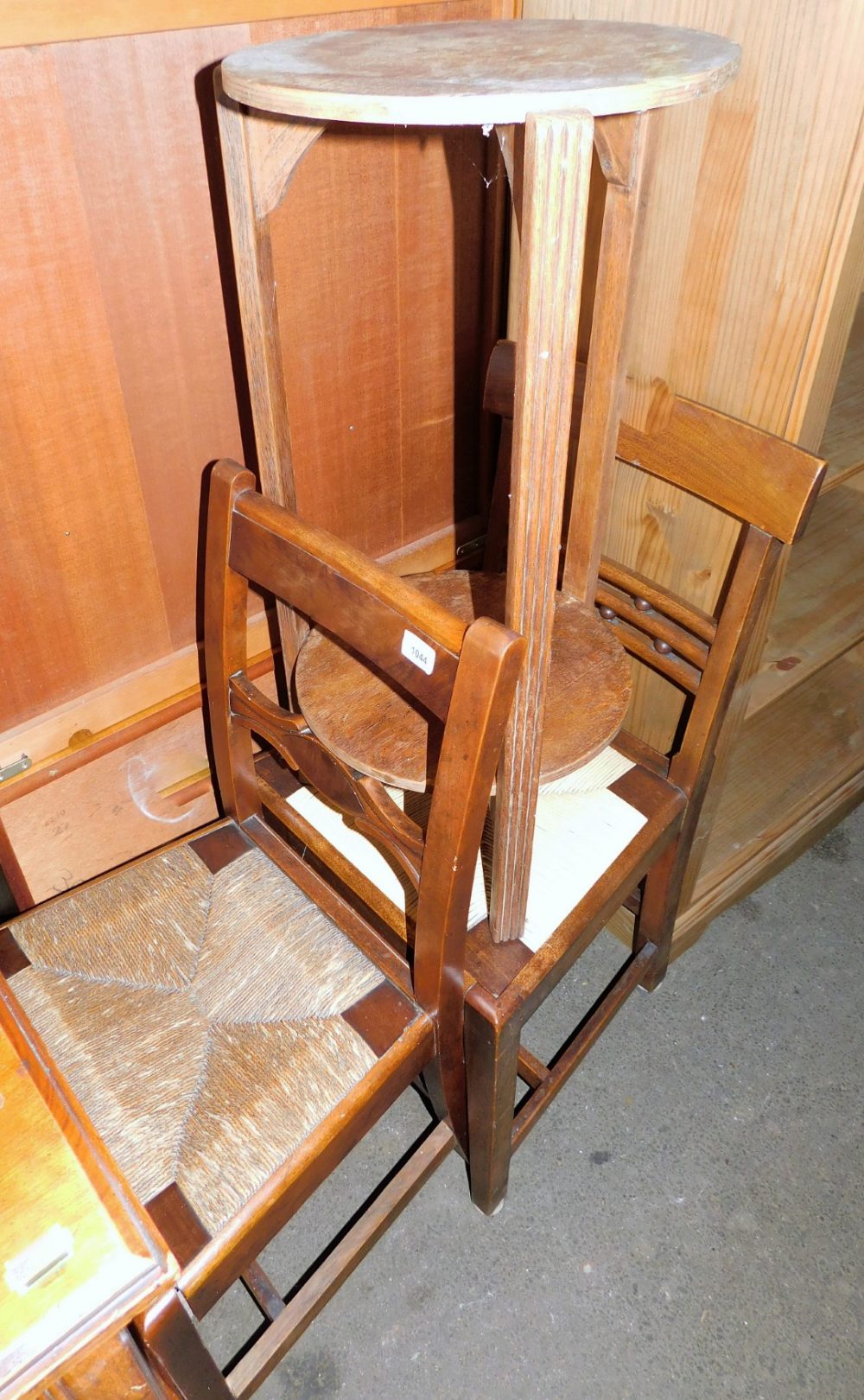 Two 19thC ash and elm chairs with rush seats, and a double plant stand.