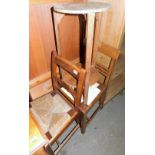 Two 19thC ash and elm chairs with rush seats, and a double plant stand.