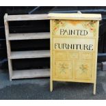 A stripped pine hanging shelf, and a painted furniture folding sign. (2)