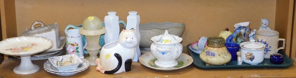 Pottery and effects, cheese dish and stand, cat ornament, various vases, late 19thC style sponge