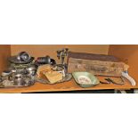 Various silver plated ware and base metal, decorative horse shoes, early 20thC travel case, silver