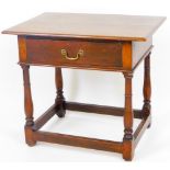 An 18thC style oak stained side table, of small proportion, the frieze drawer set with swan neck