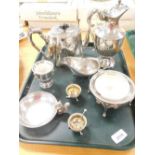 Various silver plated ware, an early 20thC teapot with shaped handle, 15cm high, sauce boat, open