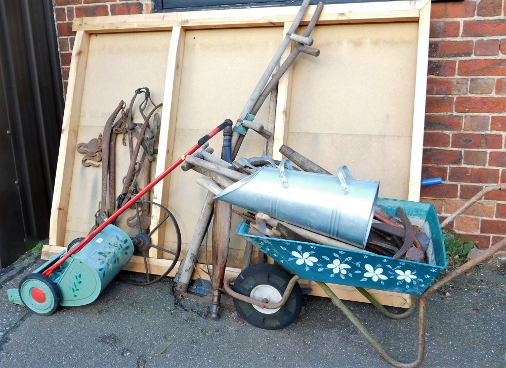 Various bygones, collectables, iron wheel, yokes to include wooden example, hand tools, push lawn