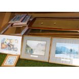 Prints pictures, mirrors, cast print, G plan style teak mirror, etc. (1 shelf)