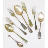 Various flatware, silver spoon with entwined handle, silver plated serving pieces, forks, etc. (a