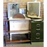 Various furniture, painted side cabinet, hanging cabinet, pair of small console tables, mirrors,