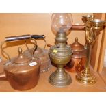 Various copper and brass ware, two branch sconce, oil lamp and three copper kettles. (1 shelf)