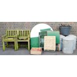 Various patio furniture, two wooden slatted chairs, quantity of plant pots, folding chairs, patio