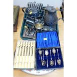 Various metalware, pewter jug, helmet shaped sugar box, toast rack, salt, various cutlery, flatware,