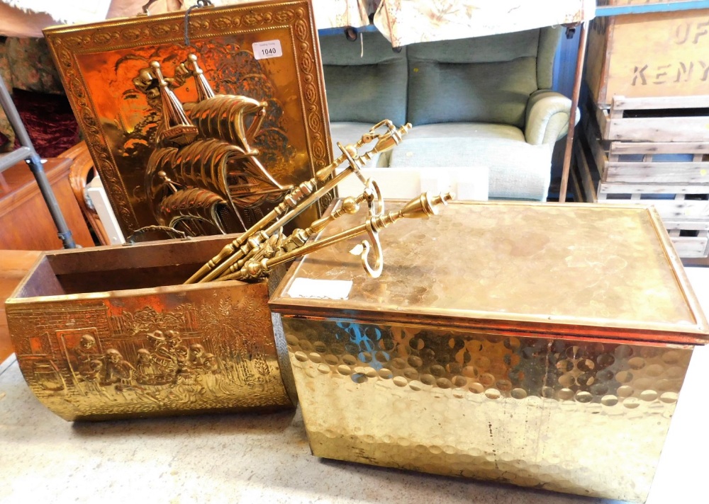 A brass fire screen, various other brass ware, companion sets, slipper box, etc. (a quantity)