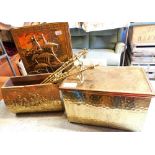A brass fire screen, various other brass ware, companion sets, slipper box, etc. (a quantity)