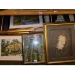 Pictures prints frames, tapestries, floral wall hanging, dresses, etc. (a quantity)