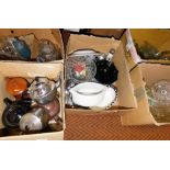 Various decorative china glassware and effects, bottles, studded plate, transfer printed items,