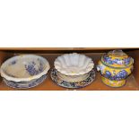 A large Majolica style tureen and cover, Victorian washbowl, large tin glazed style plates, etc. (