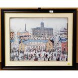 After Lowry. Street scene, print, 47cm x 63cm.