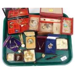 Various costume jewellery, etc., a Lyre shaped costume brooch, various wristwatches, faux pearls,